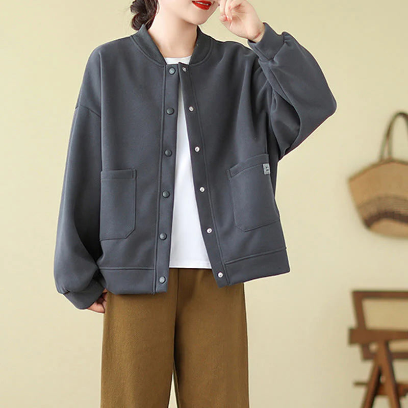 Buddha Stones Plain Women's Buttons Crew Neck Long Sleeve Cotton Jacket With Pockets