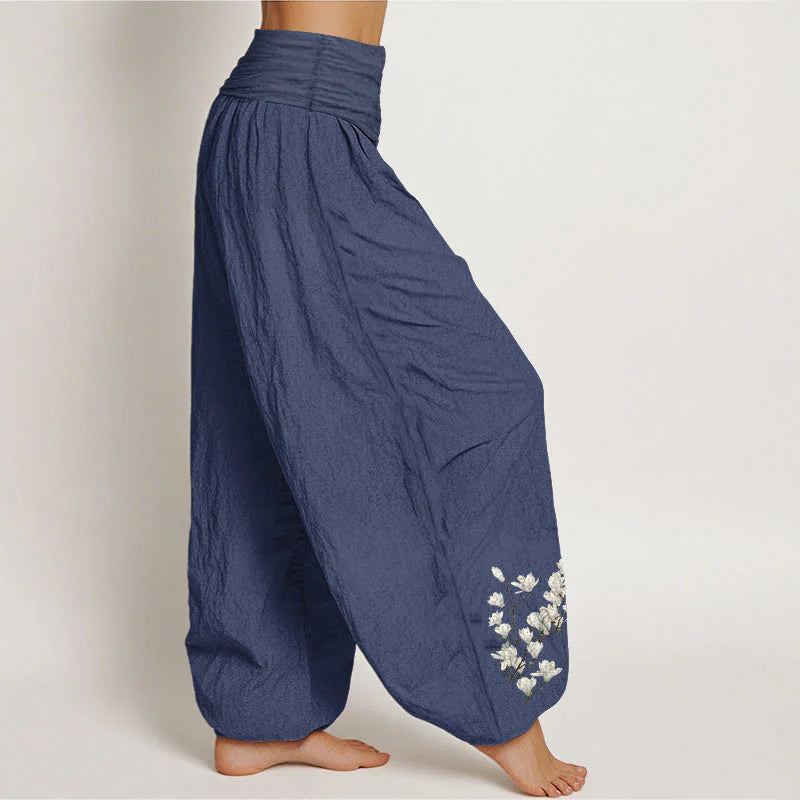 Buddha Stones Pure Cotton Simple Magnolia Flower Pattern Women's Elastic Waist Harem Pants