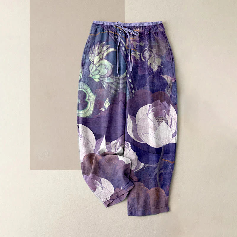 Buddha Stones Cotton Casual White Lotus Leaves Pattern Women's Elastic Waist Pants With Pockets