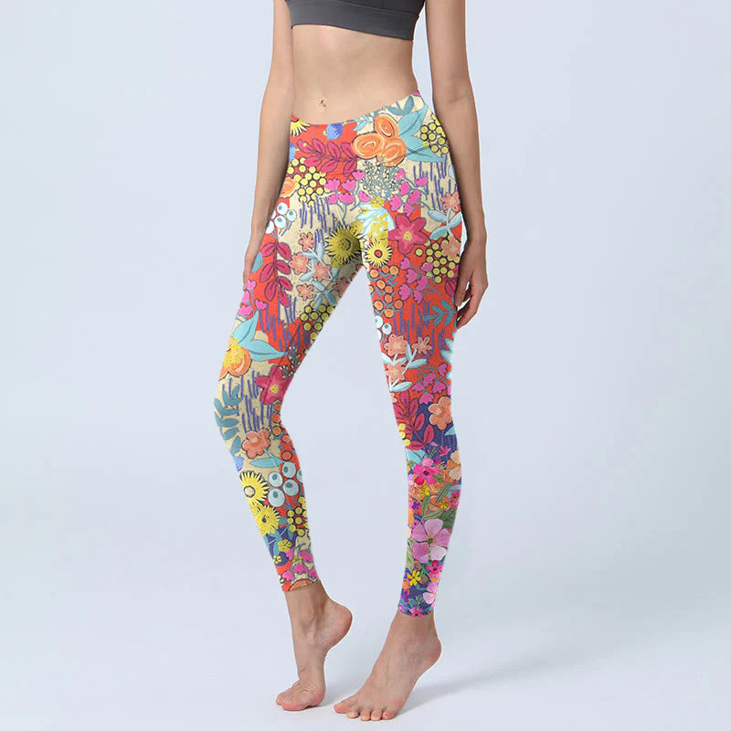 Buddha Stones Colorful Flowers Leaves Print Gym Fitness Leggings Women's Yoga Pants