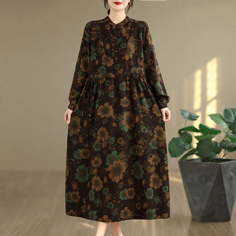 Buddha Stones Flower Pattern Long Sleeve Cotton Midi Dress With Pockets