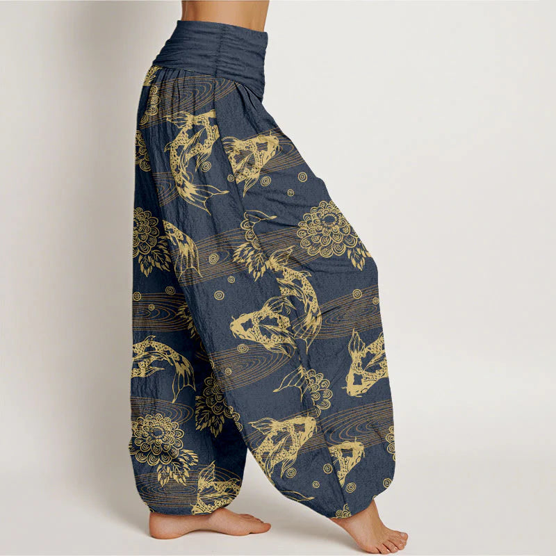 Buddha Stones Cotton Exquisite Koi Fish Flowers Leaves Curve Pattern Women's Elastic Waist Harem Pants