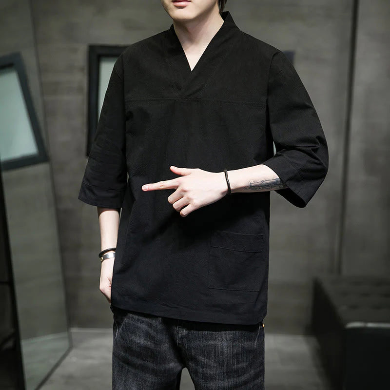 Buddha Stones Summer Casual Simple V-Neck Design Men's Cotton Linen Three Quarter Sleeve T-Shirt With Front Pocket