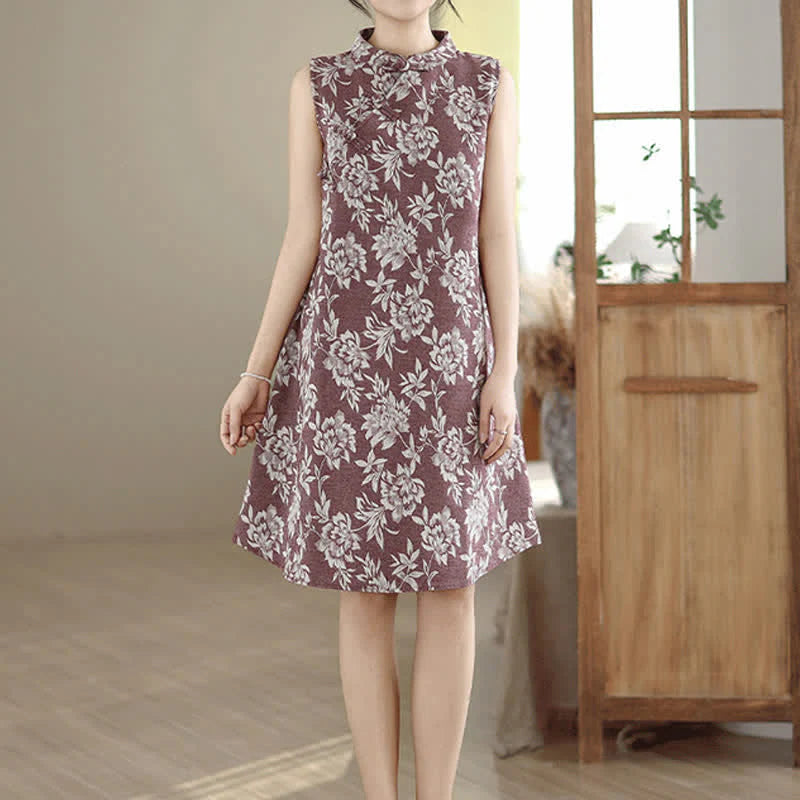 Buddha Stones Frog-button Mandarin Collar Floral Pattern Sleeveless Cotton Mini Dress With Pockets