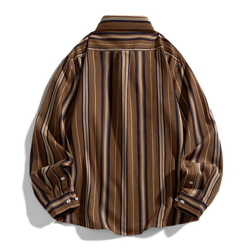 Buddha Stones Retro Color Blocked Stripes Long Sleeve Button Men's Cotton Shirts With Pocket