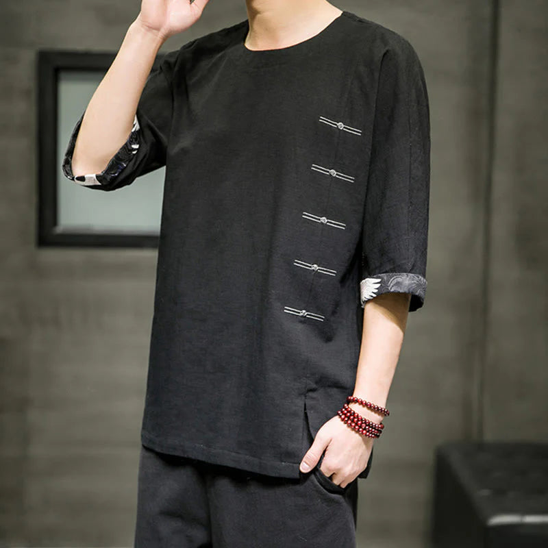 Buddha Stones Summer Retro Solid Color Patchwork Design Men's Three Quarter Sleeve Cotton Linen T-Shirt