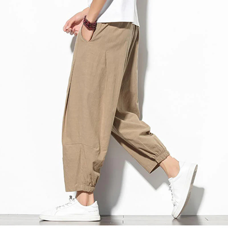 Buddha Stones Summer Men's 7-8 Length Cotton Linen Carrot Pants With Pockets