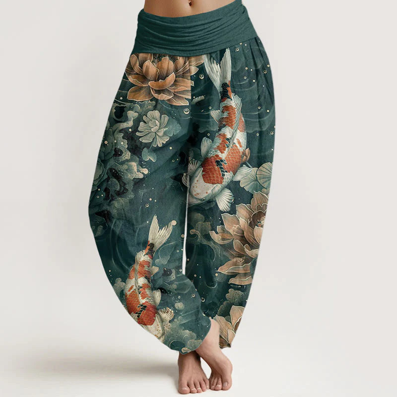 Buddha Stones Cotton Colorful Koi Fish Lotus Flowers Design Women's Elastic Waist Harem Pants
