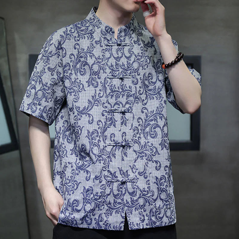 Buddha Stones Summer Floral Vine Pattern Tang Suit Men's Frog-Button Short Sleeve Shirt With Pockets