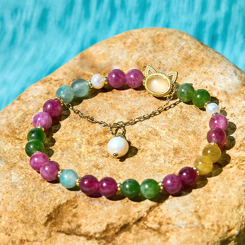 Buddha Stones Colorful Tourmaline Lucky Cat Positive Bracelet