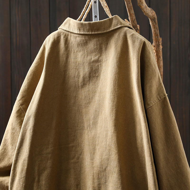 Buddha Stones Spring Fall Buttons Lapel Collar Long Sleeve Mid-length Cotton Women's Jacket With Pockets