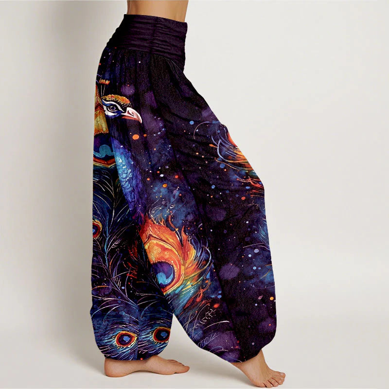 Buddha Stones Cotton Peacock Starry Sky Pattern Women's Elastic Waist Harem Pants