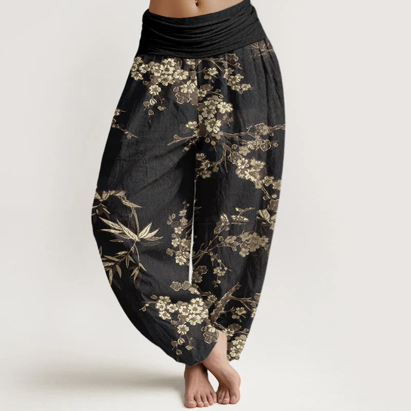 Buddha Stones Cotton White Sakura Flower Pattern Women's Elastic Waist Harem Pants