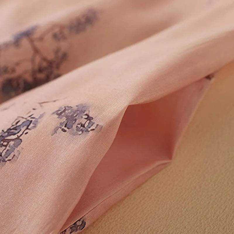 Buddha Stones Summer Vintage Printing Floral Slanted Button Stand Collar Design Half Sleeve Cotton Cheongsam Midi Dress With Pockets