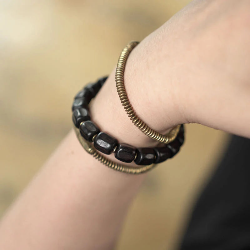 Buddha Stones Vintage Peace Tibetan Ebony Wood Beads Copper Multilayered Healing Bracelet