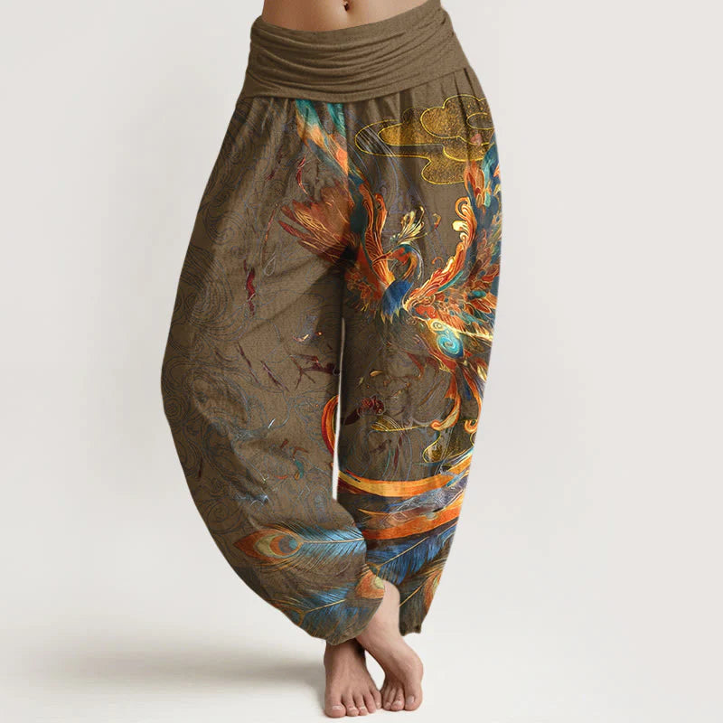 Buddha Stones Pure Cotton Gorgeous Flying Phoenix Cloud Pattern Women's Elastic Waist Harem Pants