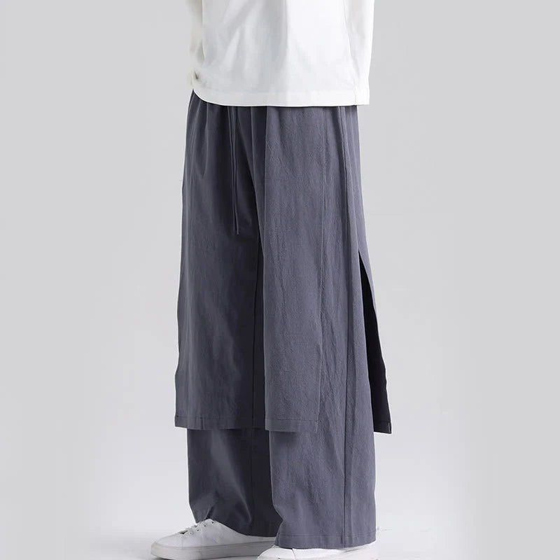 Buddha Stones Plain Patchwork Design Men's Cotton Pants With Pockets