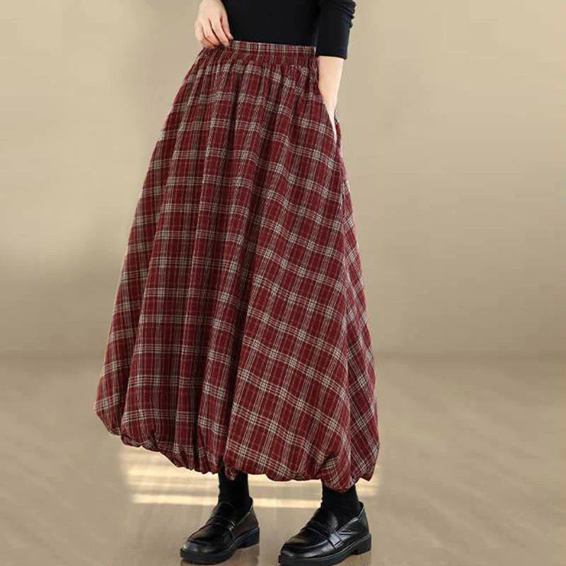Buddha Stones Women's Plaid Pattern Cotton Skirt With Pockets