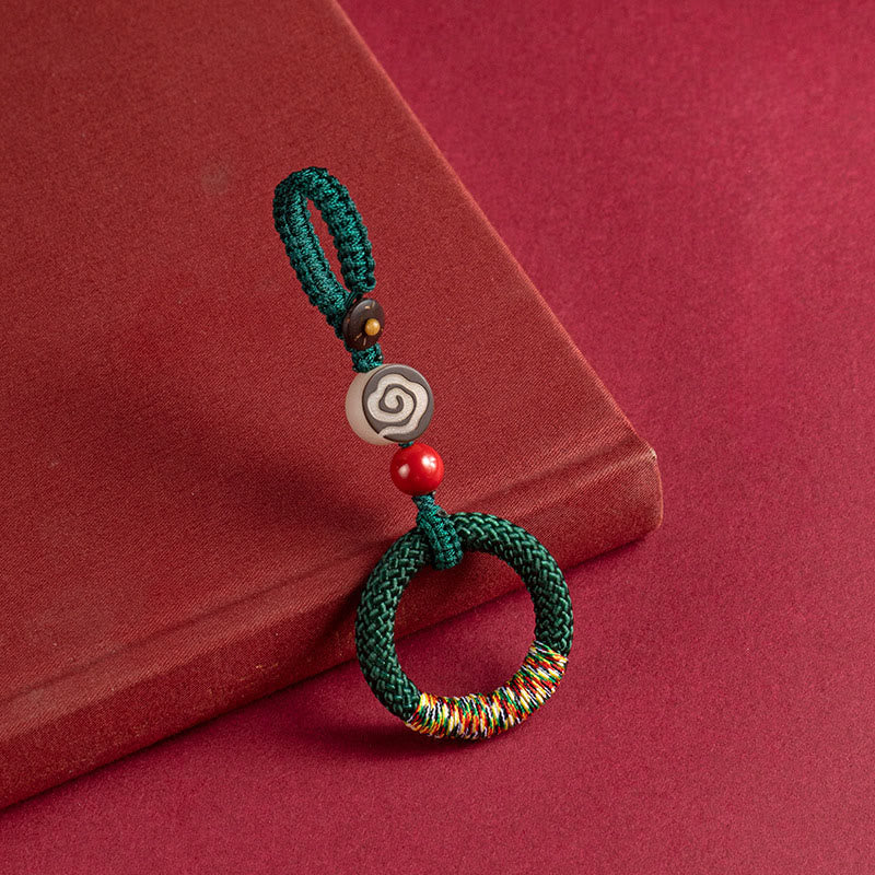 Buddha Stones Handwoven Colorful Thread String Buckle Ivory Fruit Cinnabar Key Chain Phone Hanging Decoration