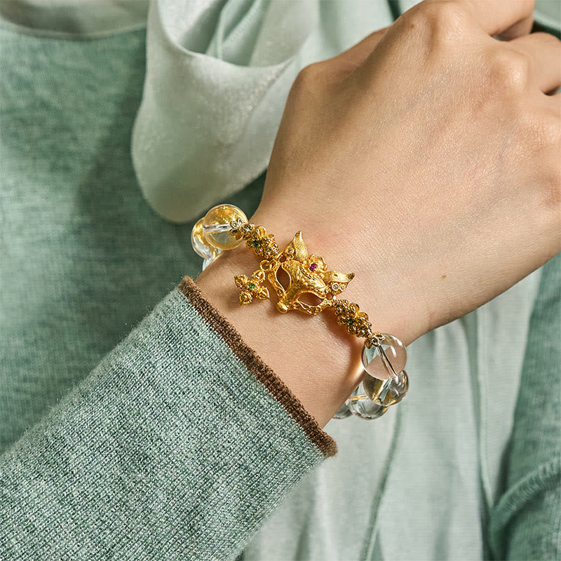 Buddha Stones Fox Cross Charm White Crystal Beaded Protection Bracelet