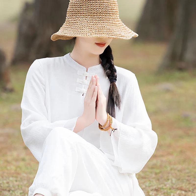 Buddha Stones 2Pcs Plain Design Top Pants Meditation Yoga Zen Tai Chi Cotton Linen Clothing Women's Set (Extra 30% Off | USE CODE: FS30)