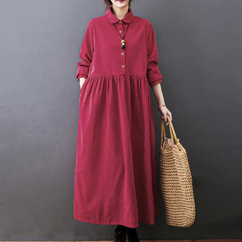 Buddha Stones Fall Buttons Design Long Sleeve Cotton Corduroy Midi Dress With Pockets