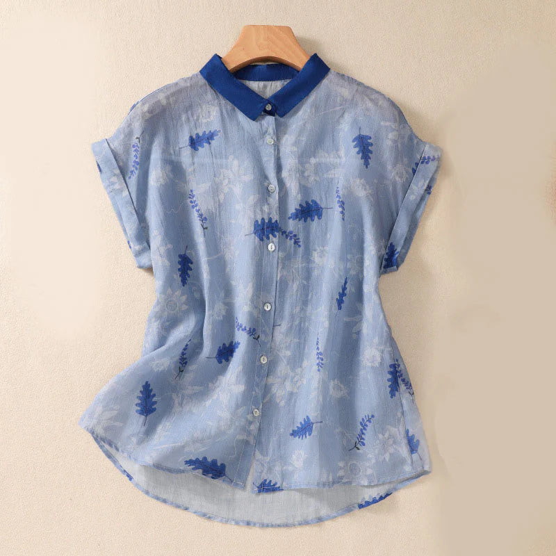 Buddha Stones Small Yellow Flower Leaves Buttons Short Sleeve Women's Shirt
