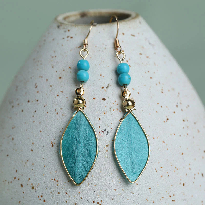 Buddha Stones Boho Handcrafted Silk Art Bead Leave Shape Good Fortune Hook Dangle Earrings