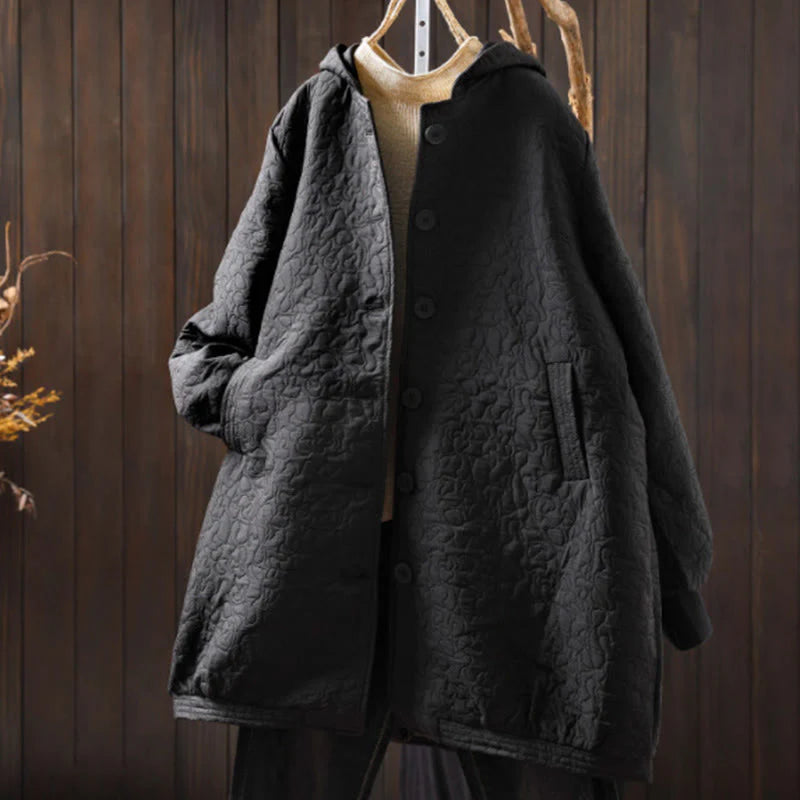 Buddha Stones Fall Buttons Long Sleeve Mid-length Jacquard Cotton Women's Jacket With Pockets