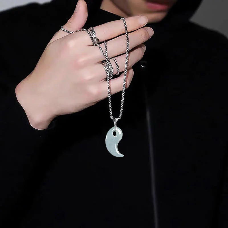 Buddha Stones Teardrop Design Jade Titanium Steel Chain Necklace Luck Pendant