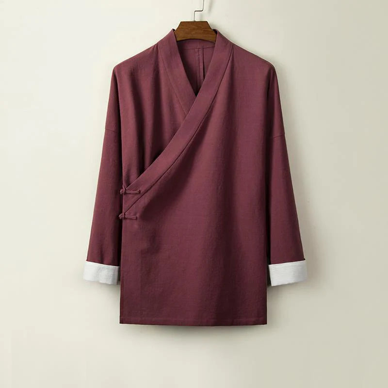 Buddha Stones Chinese Frog-Buttons Long Sleeve Design Open Front Jacket Men's Cotton Linen Kimono
