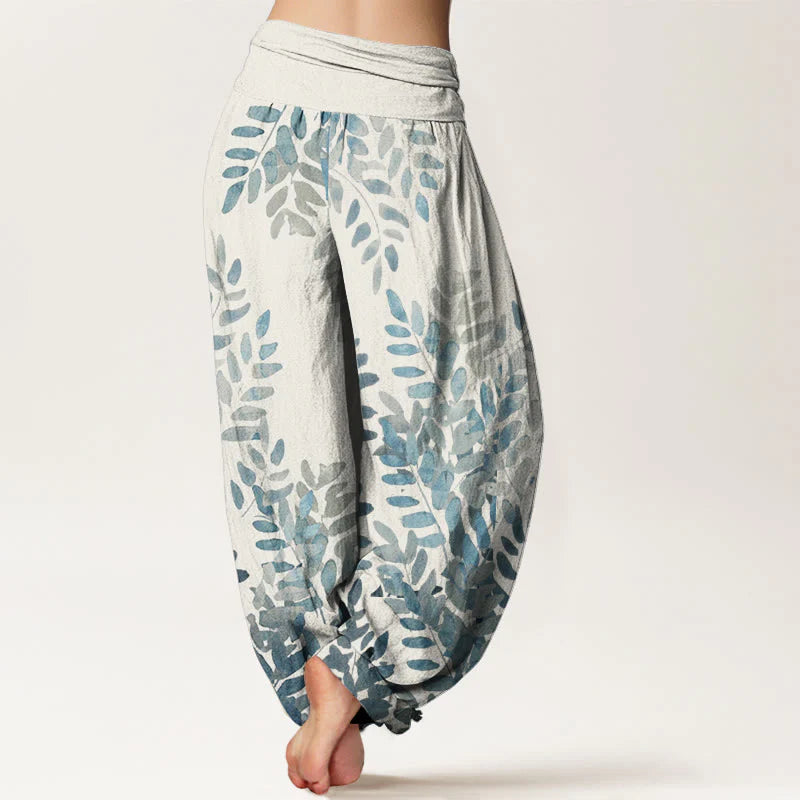 Buddha Stones Cotton Casual Plant Interlaced Leaves Pattern Women's Elastic Waist Harem Pants