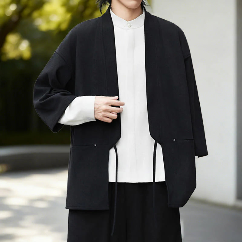 Buddha Stones Solid Color Open Front Long Sleeve Corduroy Jacket Men's Kimono Cotton Linen Shirt