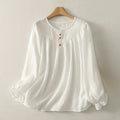 Buddha Stones White Buttons Ruffled Long Sleeve Women's Cotton Shirt