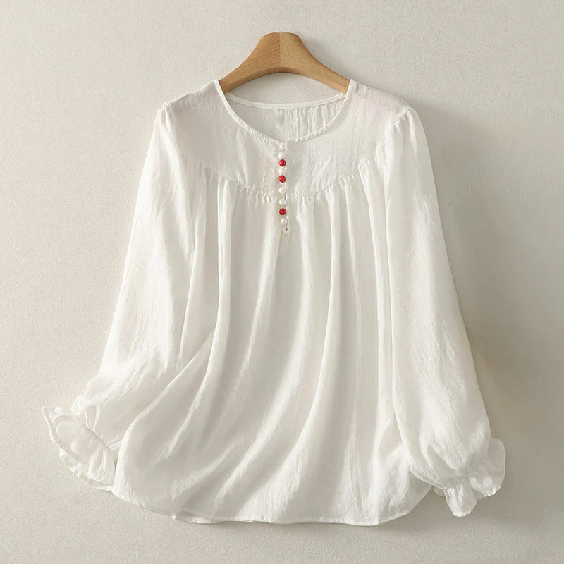 Buddha Stones White Buttons Ruffled Long Sleeve Women's Cotton Shirt