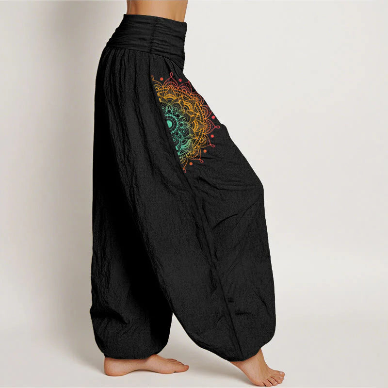 Buddha Stones Pure Cotton Simple Style Mandala Pattern Women's Elastic Waist Harem Pants