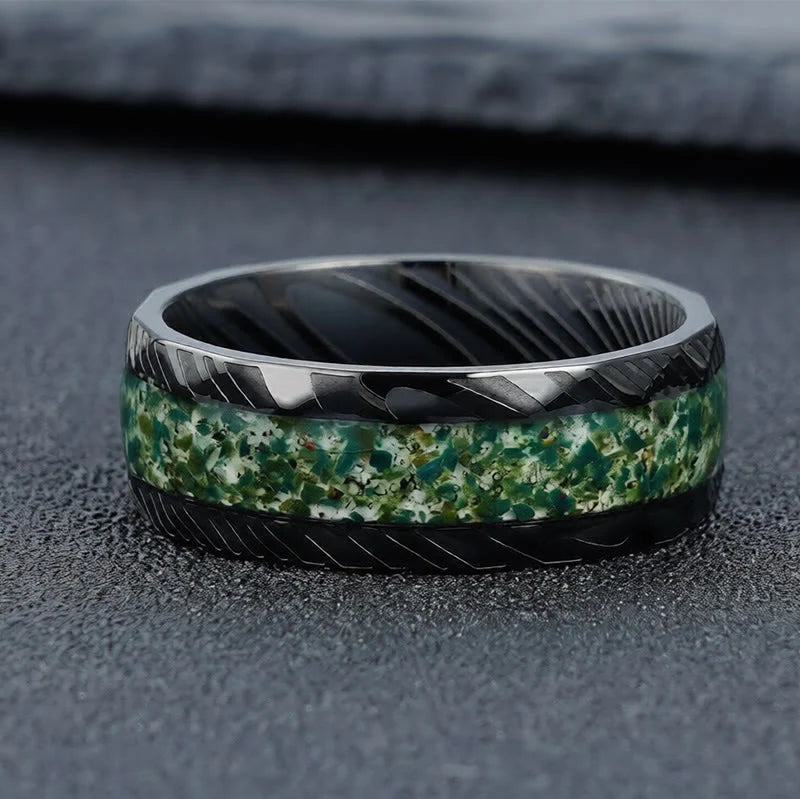Buddha Stones Faceted Natural Inlay Titanium Steel Strength Ring