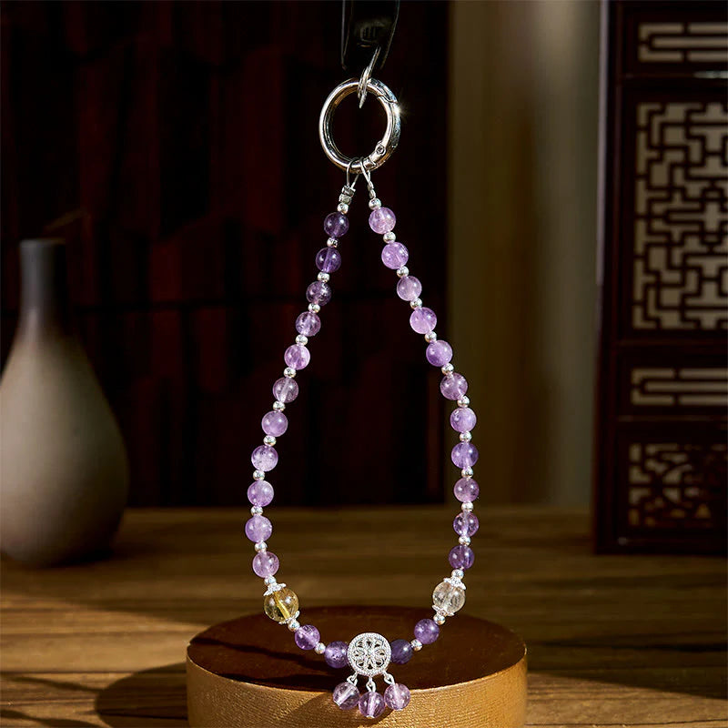 Buddha Stones Amethyst Flower Charm Spiritual Awareness Beaded Key Chain Phone Hanging Decoration