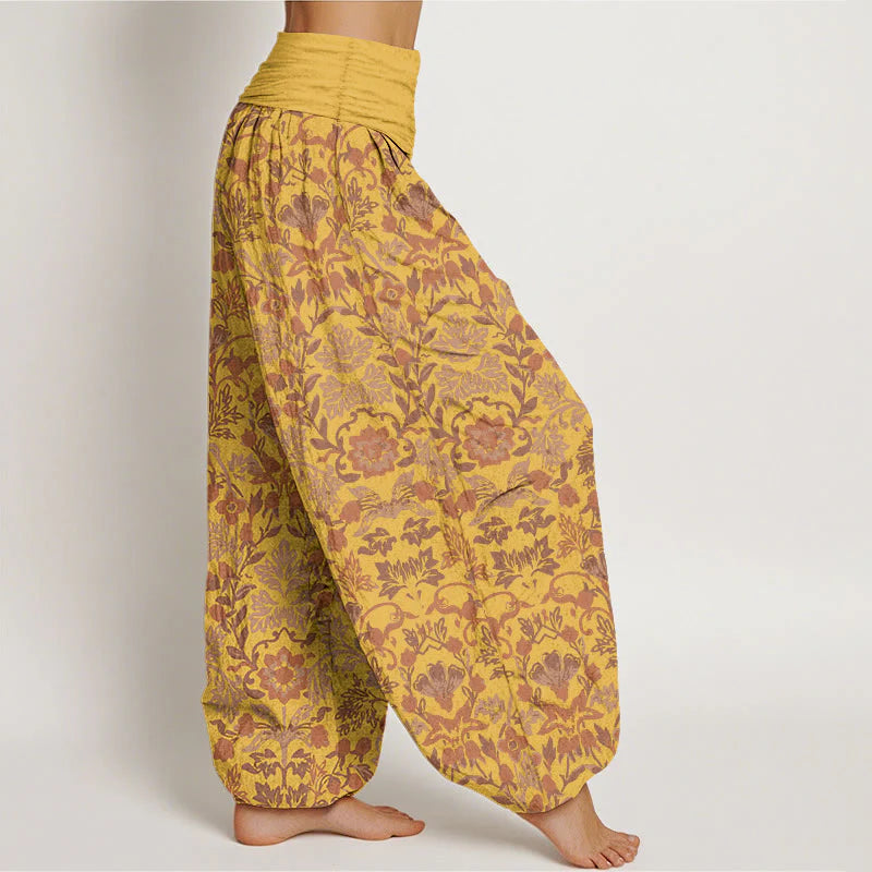Buddha Stones Pure Cotton Complicated Flower Leaves Vine Pattern Women's Elastic Waist Harem Pants