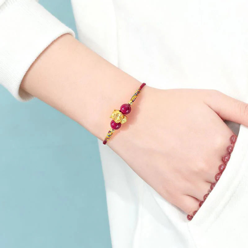 Buddha Stones 999 Sterling Silver Year of the Horse Fu Character Red String Cinnabar Luck Bracelet