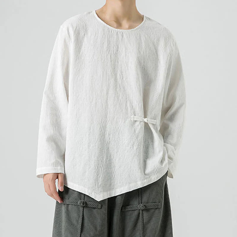 Buddha Stones Men's Chinese Frog-Button Plain Design Cotton Long Sleeve T-Shirt Zen Clothing