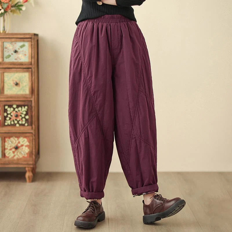 Buddha Stones Winter Plain High Waist Cotton Women's Harem Thermal Elastic Waist Pants With Pockets