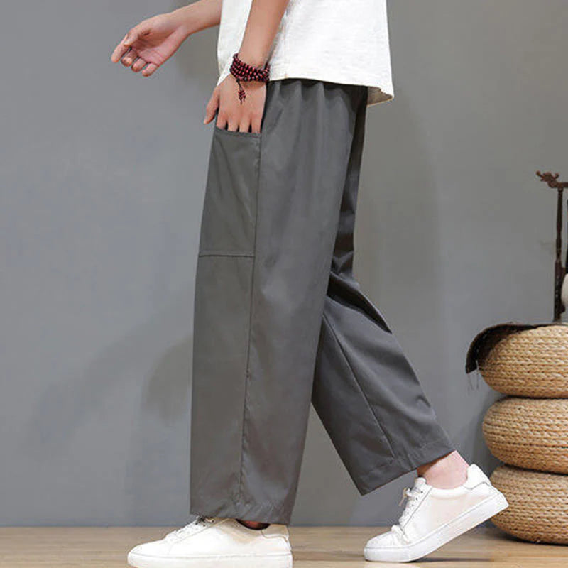Buddha Stones Summer Solid Color Drawstring Straight Leg 7-8 Length Men's Pants With Pockets