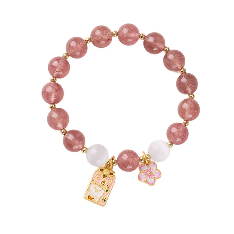 Buddha Stones Lucky Cat Peach Blossoms Charm Strawberry Quartz White Cat's Eye Healing Bracelet