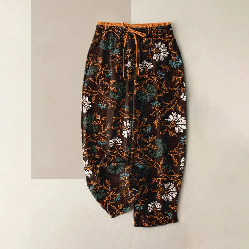 Buddha Stones Flowersl Vine Elastic Waist Drawstring Women's Cotton Pants With Pockets