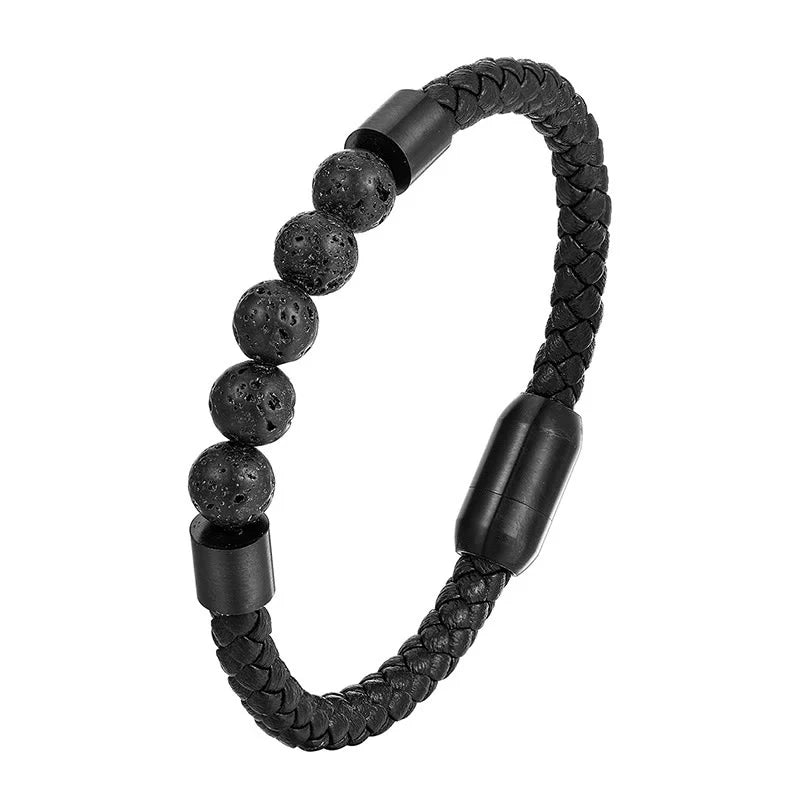 Buddha Stones Frosted Stone Lava Rock Tiger Eye Titanium Steel Stimulation Leather Bracelet
