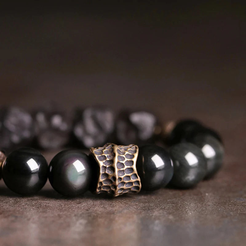 Buddha Stones Black Obsidian Ebony Wood Copper Strength Couple Bracelet (Extra 30% Off | USE CODE: FS30)
