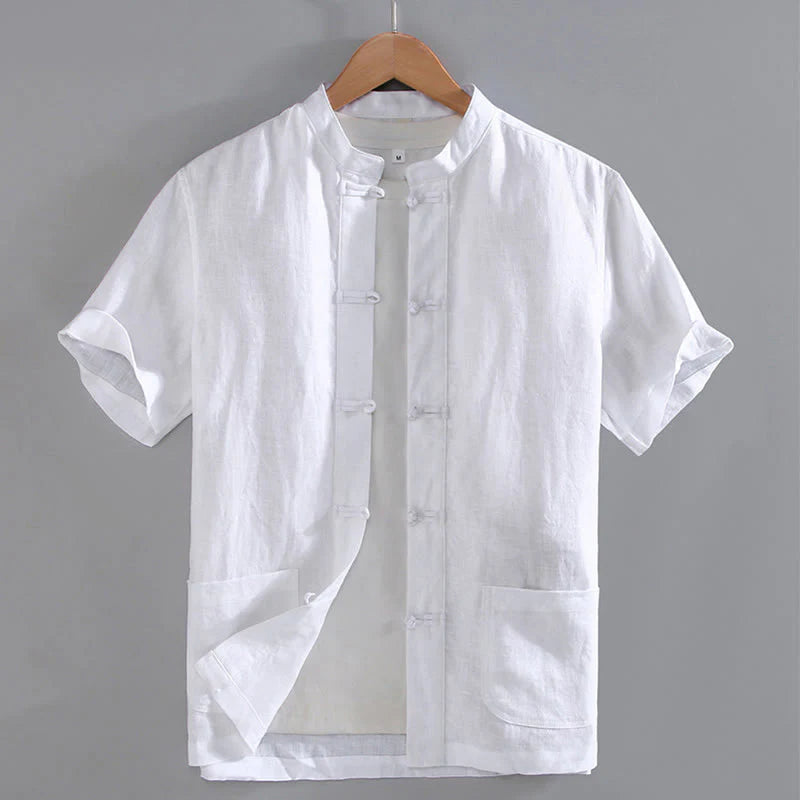 Buddha Stones Vintage Plain Tang Suit Chinese Frog-Button Men's Shirt With Pockets