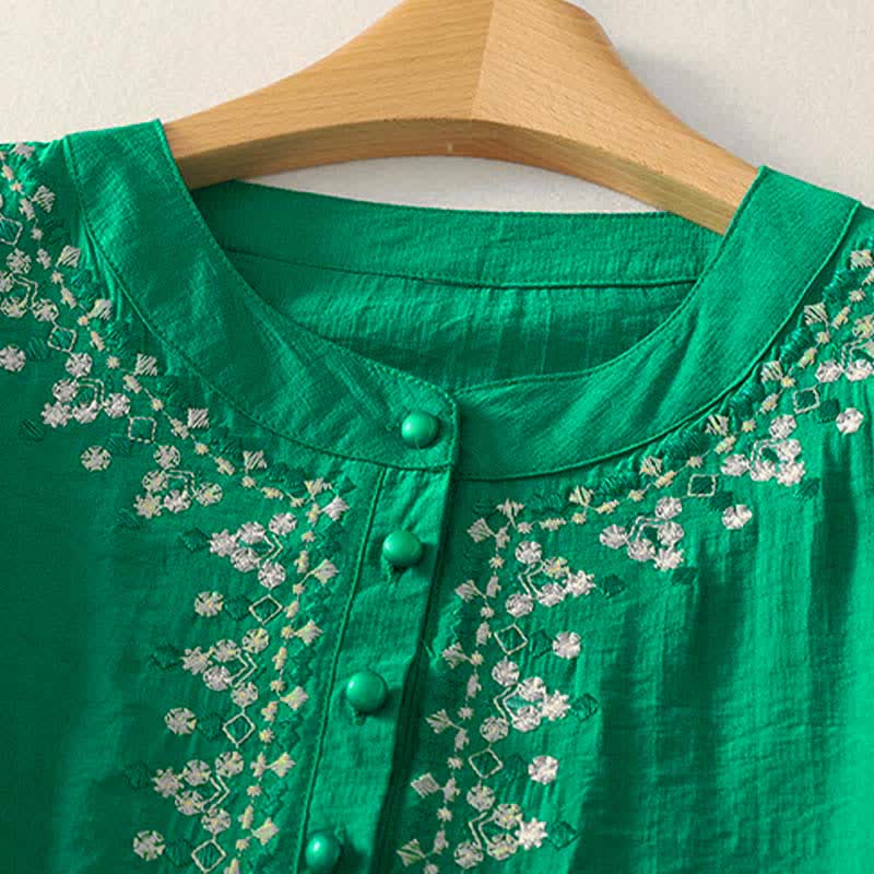 Buddha Stones Spring Embroidered Cotton Half Buttons Women's Short Sleeve Shirt