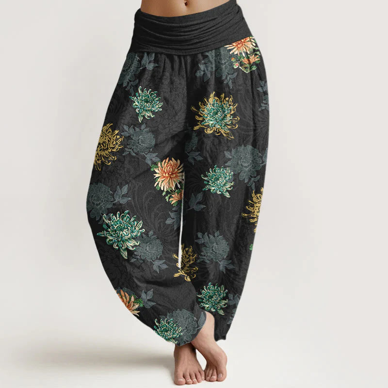 Buddha Stones Cotton Various Colors Chrysanthemum Pattern Women's Elastic Waist Harem Pants